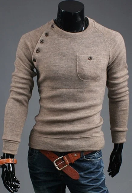 Бежевый Новый Для мужчин модные свитер нерегулярные кнопку шить модный тонкий