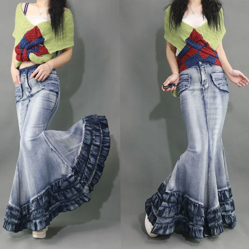 Idopy Женская длинная джинсовая юбка высокая талия градиентные джинсы с бахромой труба прохладная рыба-Русалка Богемские юбки макси