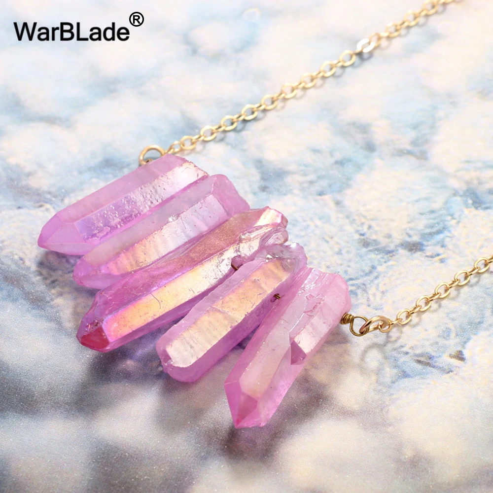 WarBLade, Радужное ожерелье с кулоном из натурального камня кварца, фиолетовое ожерелье с несимметричным кристальным камнем, подвески золотого цвета, ожерелье для женщин