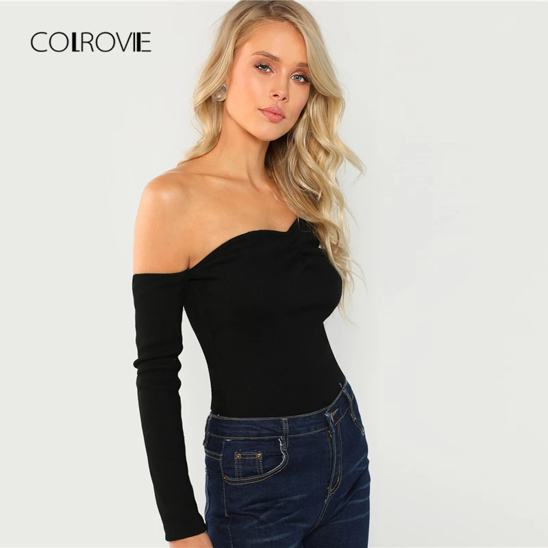 COLROVIE الأسود الصلبة ضئيلة غير المتكافئة الرقبة أنيقة T قميص المرأة 2018 طويلة الأكمام المحملة مثير الإناث تي شيرت النساء قمم المحملة COLROVIE الأسود الصلبة ضئيلة غير المتكافئة الرقبة أنيقة T قميص المرأة 2018 طويلة الأكمام المحملة مثير الإناث تي شيرت النساء قمم المحملة