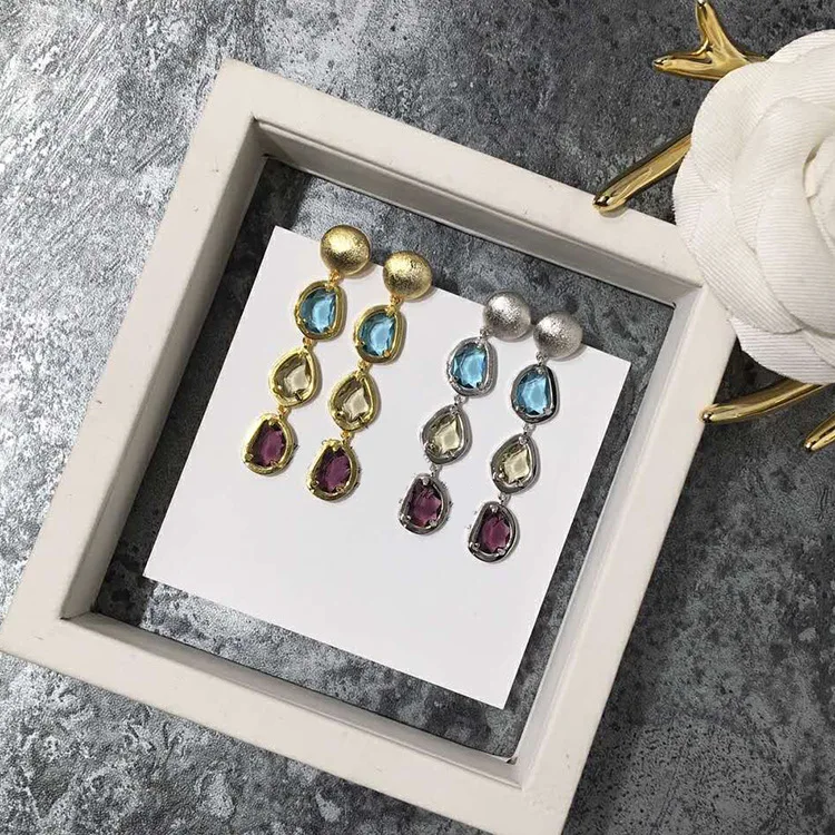 

New hot copper Jewelry color stone retro translucent color drop-shaped long earrings for women ear studs birthday gift