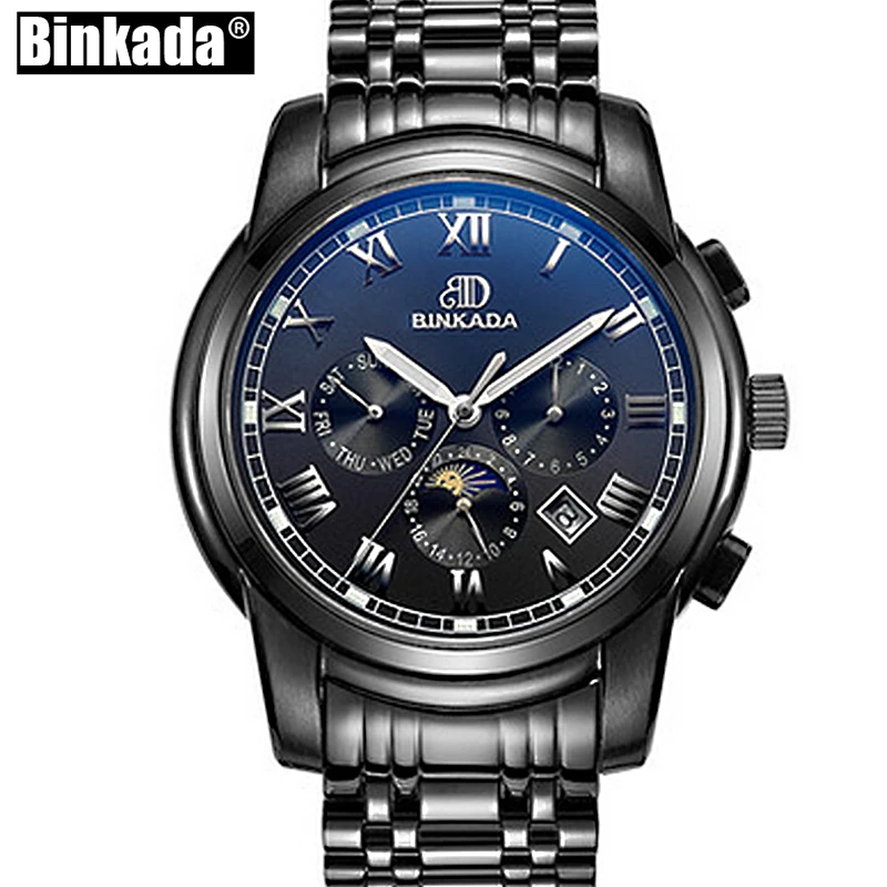 BINKADA спортивные часы мужские черные Автоматические механические New Moon Phase