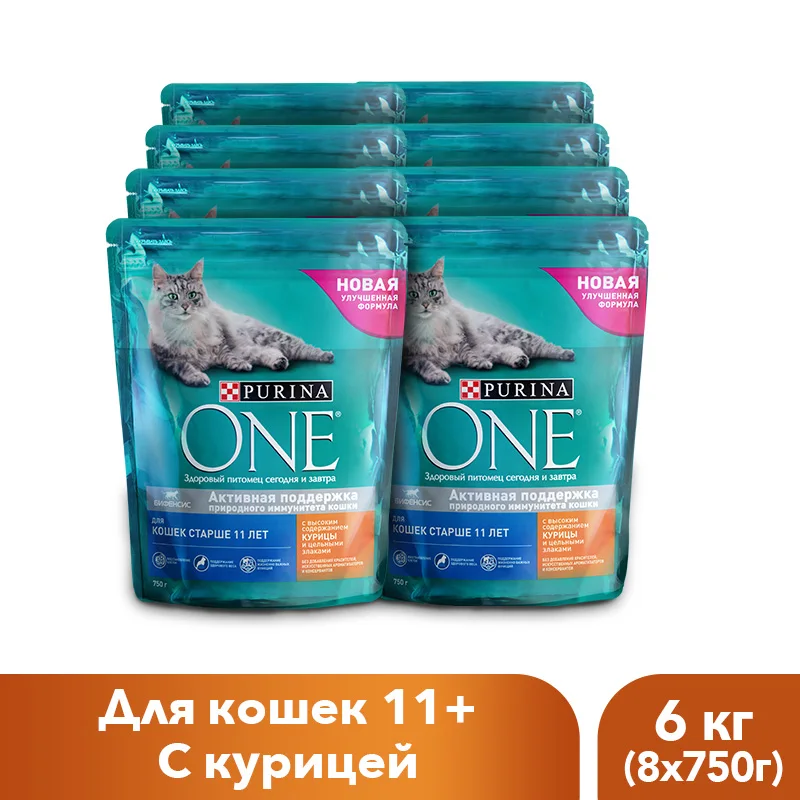 Сухой корм Purina ONE для кошек старше 11 лет с курицей и цельными злаками, 6 кг