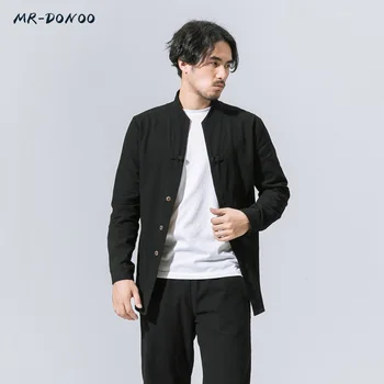 

MRDONOO Linen male long sleeves Chinese style loose large size shirt Chinese style retro buckle coat cotton