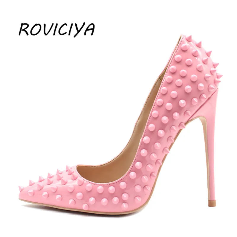 

Pink pumps women shoes rivets female party shoes bride ladies shoes high heel plus size 8-12 cm 33-45 MD019 ROVICIYA