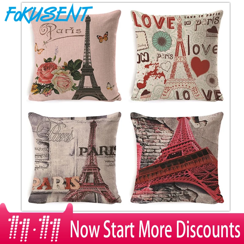 

FOKUSENT Flowers Butterfly France Tower Sofa Pillow Case Paris Crown Vintage Floral Pattern Decorative Letters Cushion Cover