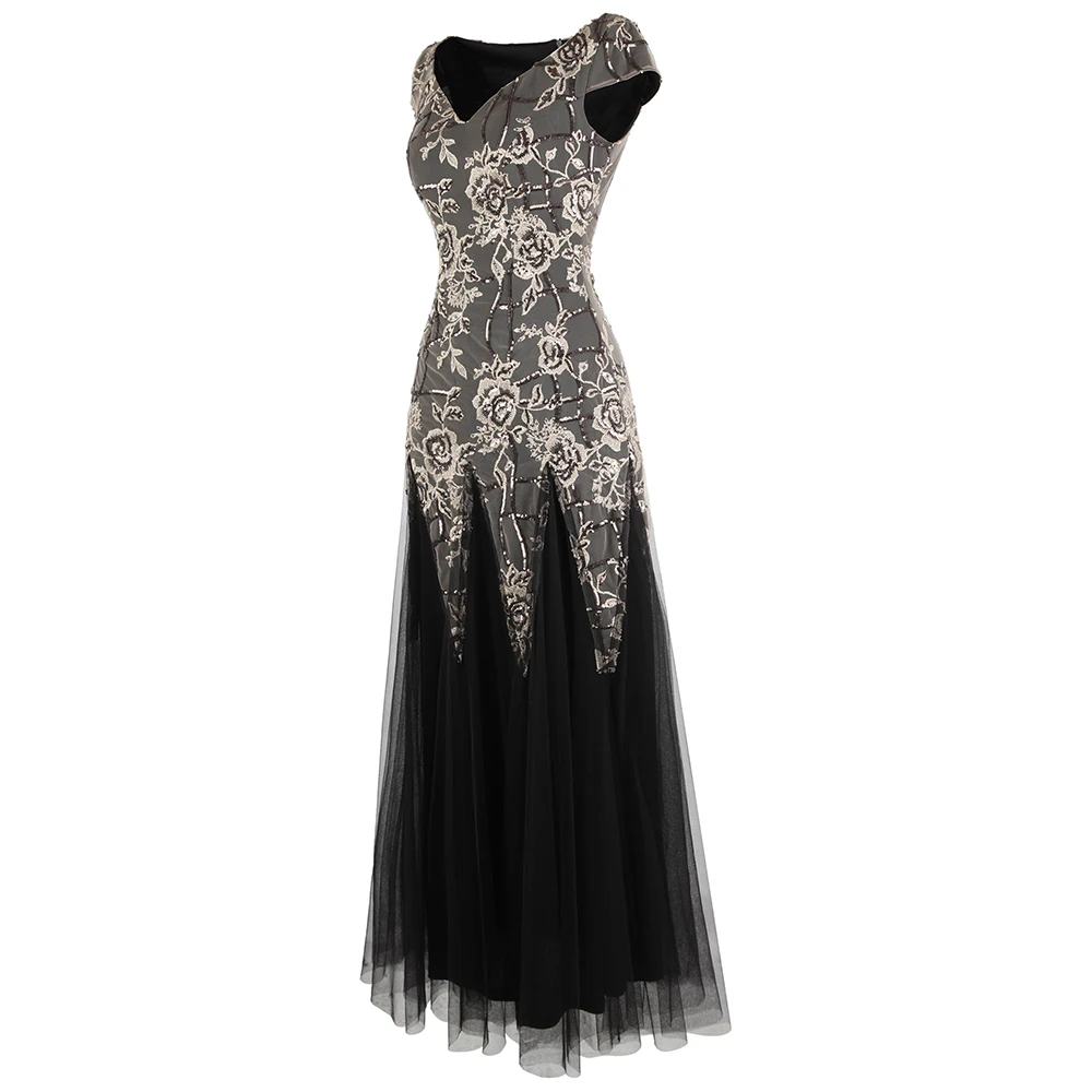 Angel-Fashion женское вечернее платье с v-образным вырезом, цветочной вышивкой и блестками, винтажные Длинные вечерние платья с рукавами-крылышками, черные J-190501-S
