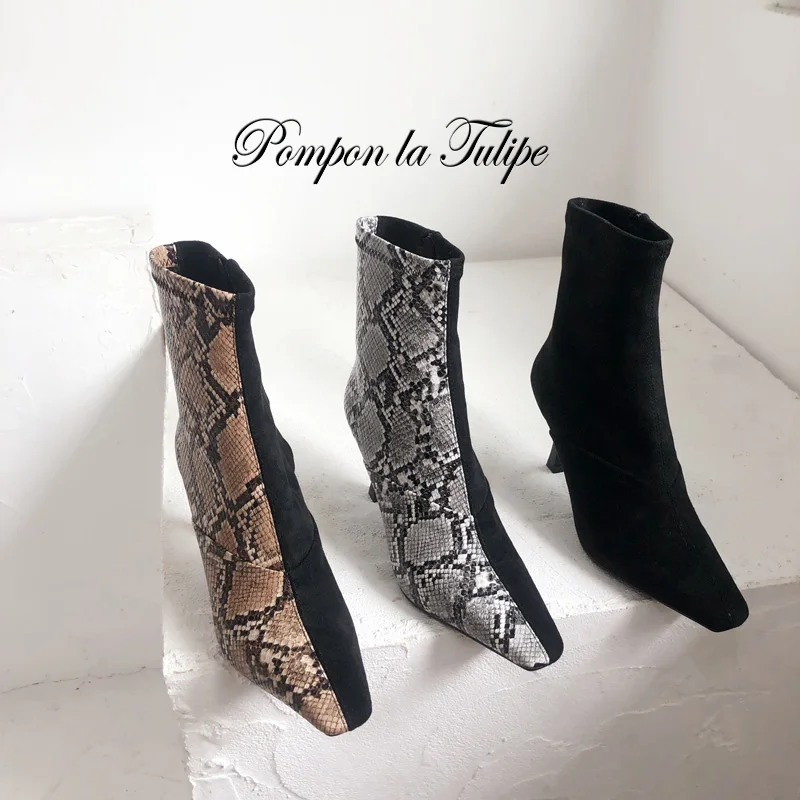 

BHS 9011148 Chic Python Snakeskin Leather Suede Elastic Mid Calf Elegant 8CM Stilettos High Heel Fashion Stylish Women Boots