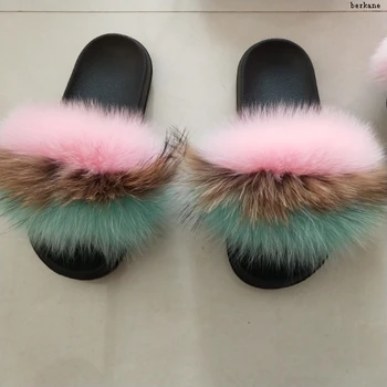 

Real Fox Slippers Kids Winter Fur Child Home Slides Girl Flop Flips Raccoon Fluffy Cute Flats Beach Summer Children Boys Indoor