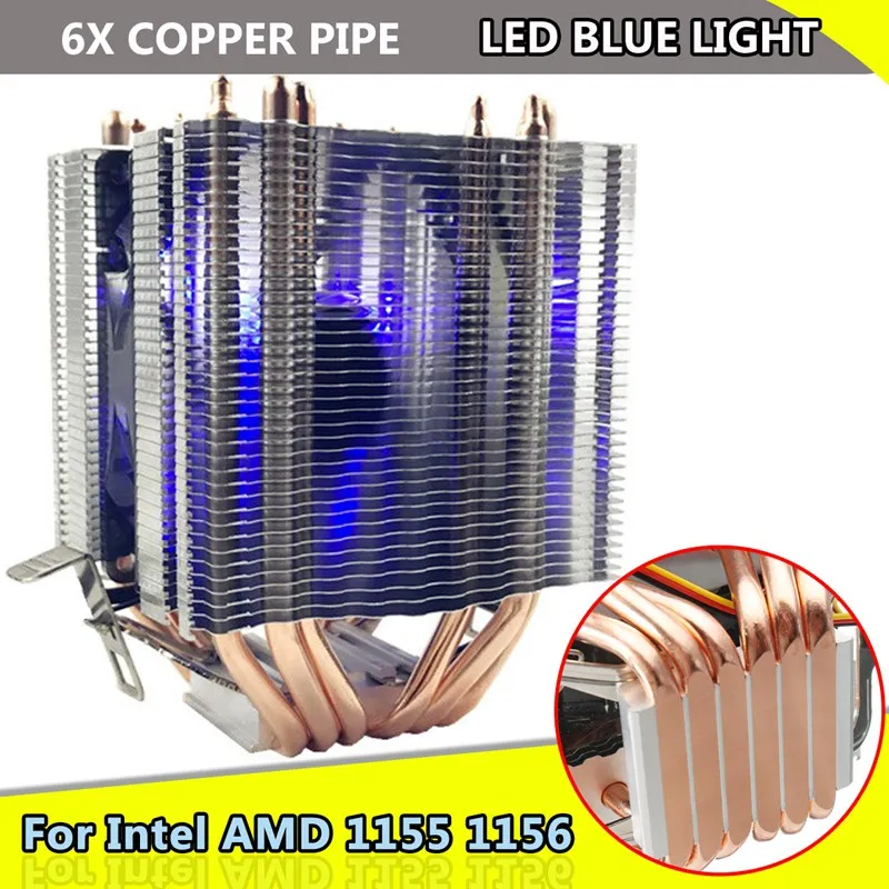 

3Pin LED Blue Light Computer Cooler Cooling CPU Fan Aluminum Heatsink 6xHeat Pipe For Intel LAG 1155 1156 for AMD Socket AM3/AM2