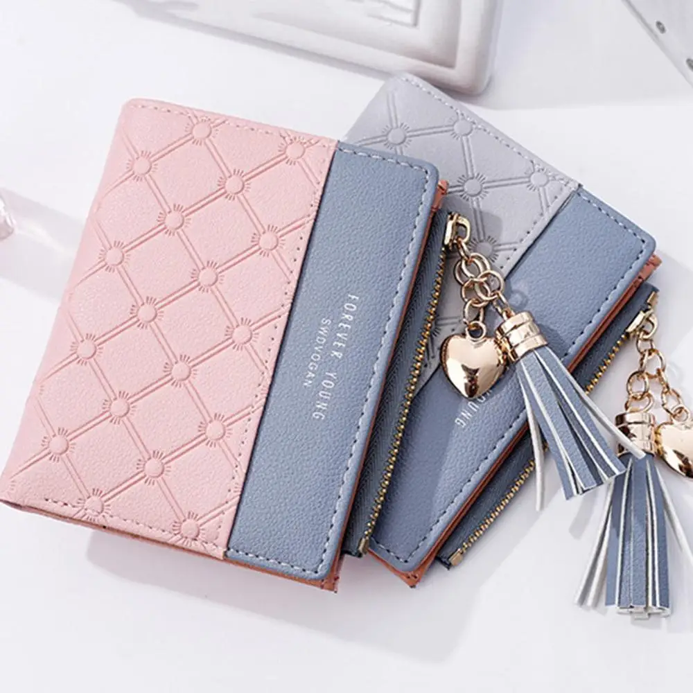 جديد شرابة سستة محفظة الوردي المرأة محفظة مزدوجة اللون جلد محافظ ل اليورو حامل بطاقة المال حقيبة للفتيات النساء محفظة