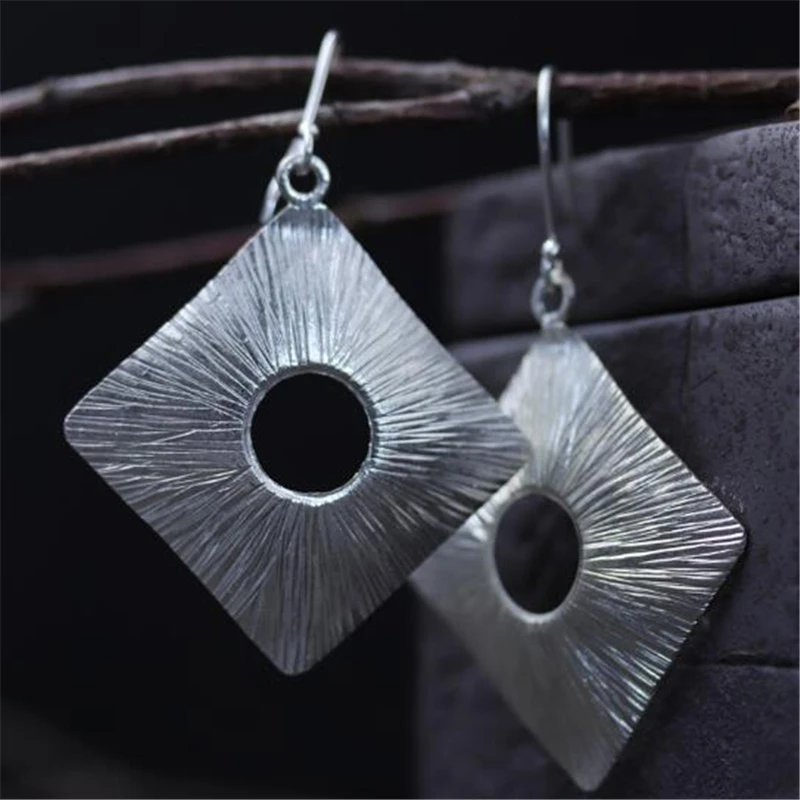 

Hot 925 Sterling Silver Jewelry Fine Hollow Pattern Square Earrings Retro Thai Silver Woman Earrings Charm Lady Jewelry 41*45MM