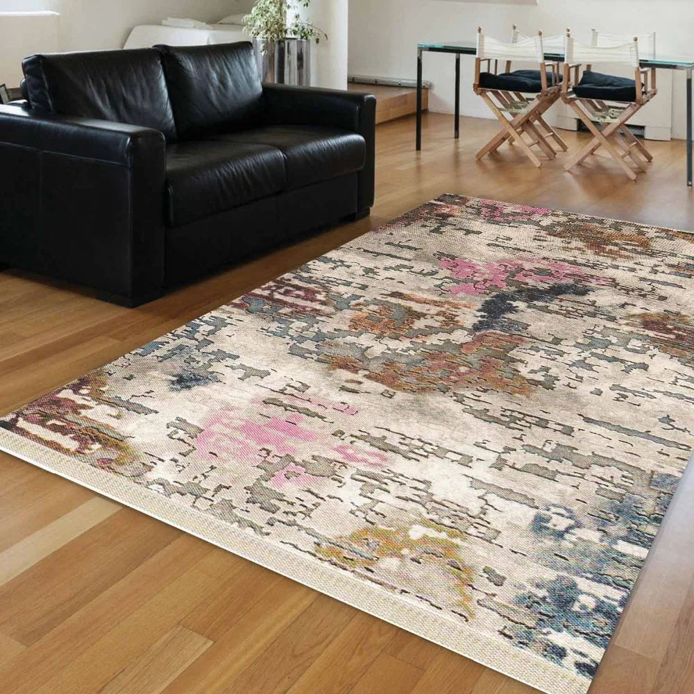 

Else Pink Blue Cream Brown Turkish Vintage Abstract Aging 3d Print Anti Slip Kilim Washable Decorative Area Rug Bohemian Carpet