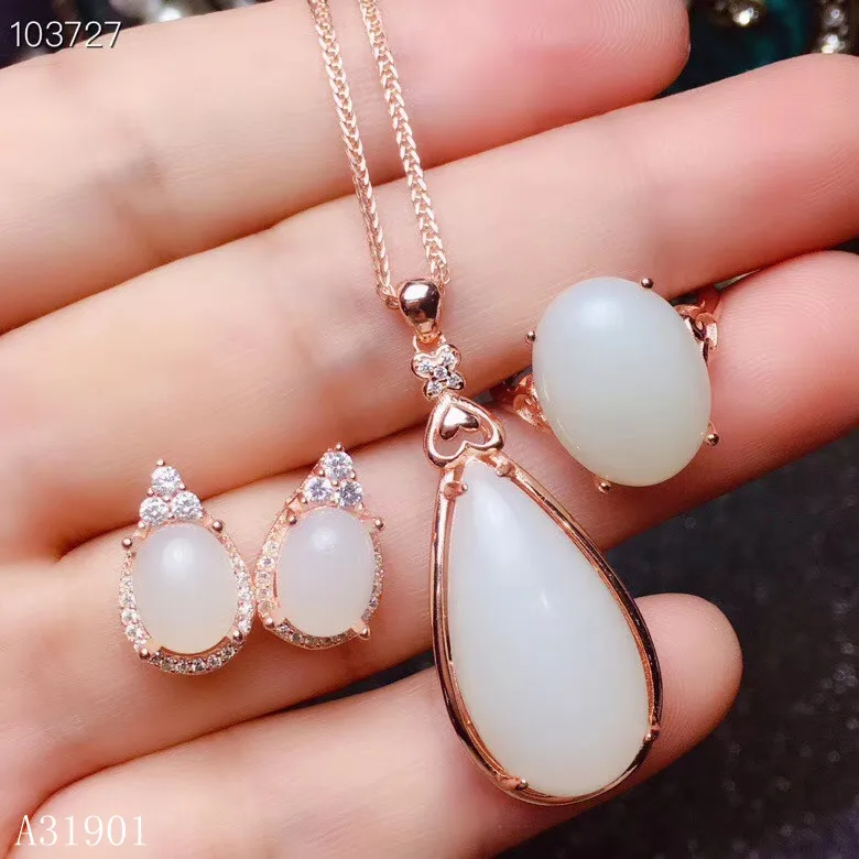 

KJJEAXCMY Boutique Jewelry 925 Silver-inlaid Natural Hotan Jade Female Pendant + Necklace Ring Ear Nail Set Support Detection