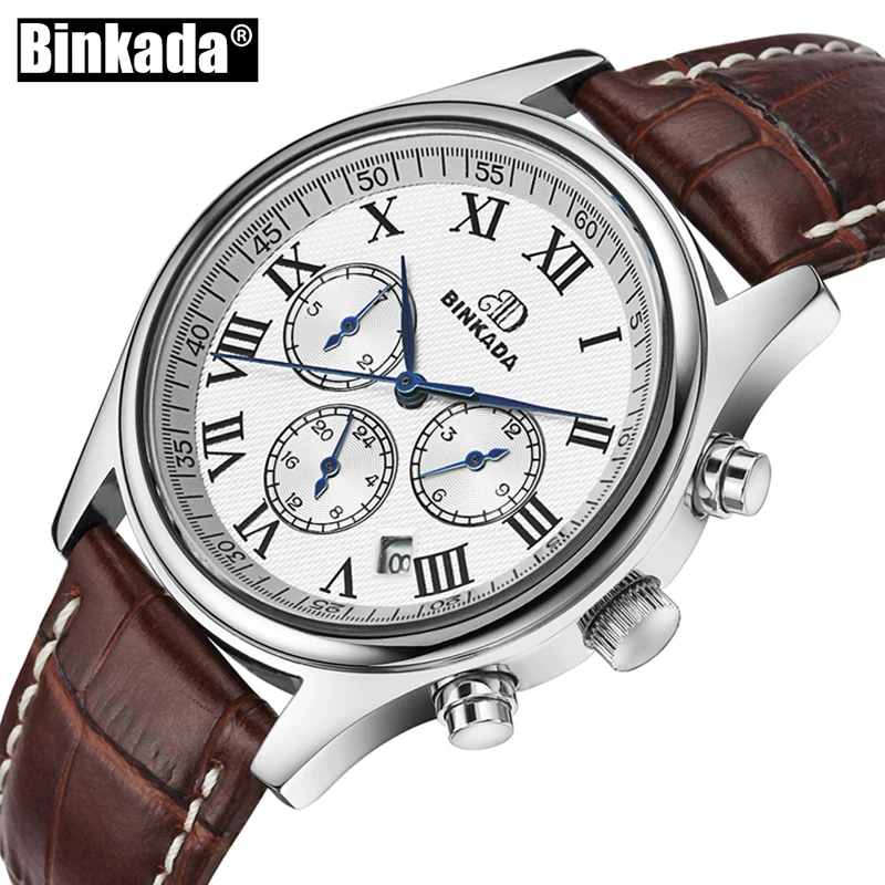 BINKADA الميكانيكية ووتش الرجال الياقوت الحقيقي 3 عيون ساعات أوتوماتيكية عارضة للماء رجل ساعة يد رياضية Relogios Masculino