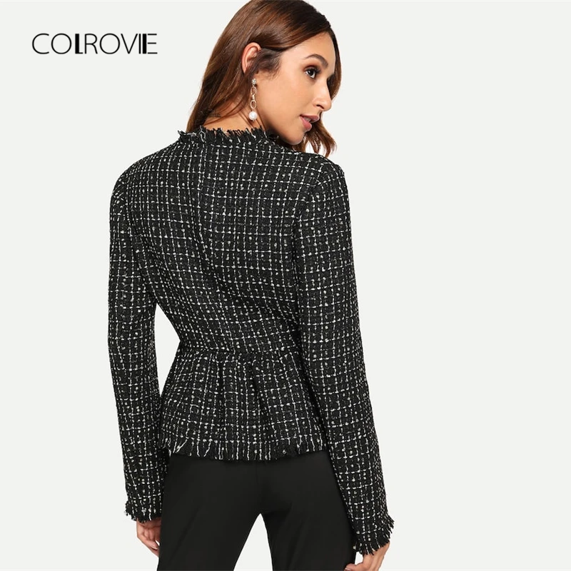 COLROVIE Black Solid Zip Up Elegant Tweed Peplum Plaid Basic Jacket Women 2018 Autumn Female Coats Women Office Lady Outwear COLROVIE Black Solid Zip Up Elegant Tweed Peplum Plaid Basic Jacket Women 2018 Autumn Female Coats Women Office Lady Outwear