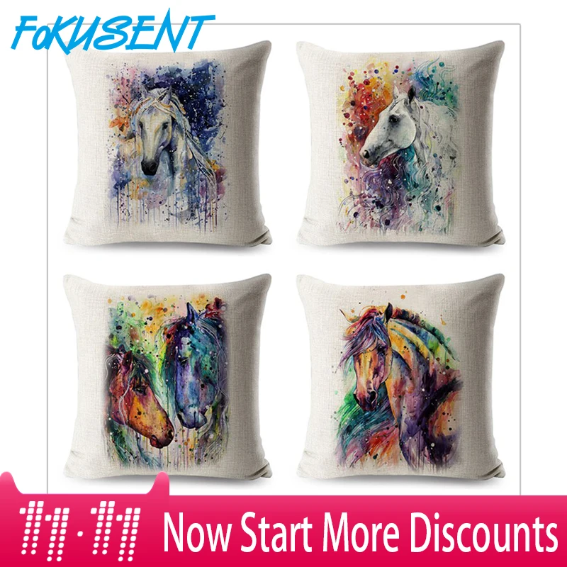 

FOKUSENT Horses Cushion Cover Hand Painted Animal Pillow Case Vintage Headboard Decorating Throw Pillow Rectangle Square Custom