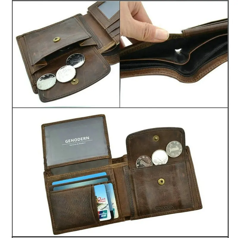 GENODERN Cow Leather Men Wallets with Coin Pocket Vintage Male Purse Function Brown Genuine Leather Men Wallet with Card Holders
