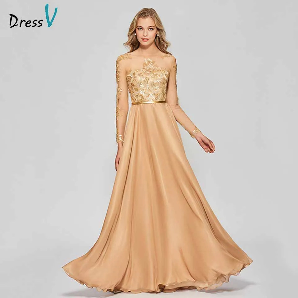 Dressv apricot elegant long prom dress scoop neck long sleeves