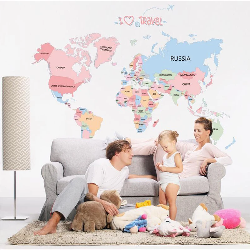 

3D world map wall sticker for living room removable colorful kids wall decals home decoration wall pictures