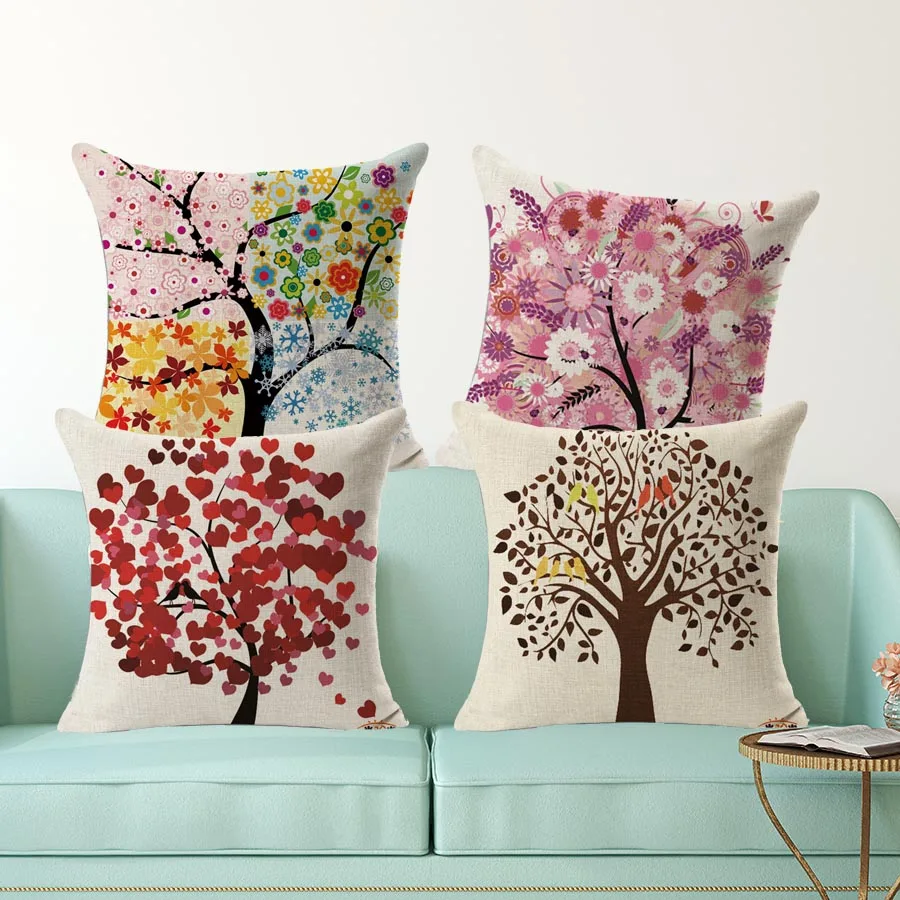Kids decorative pillow Europe season trees square printed cotton linen