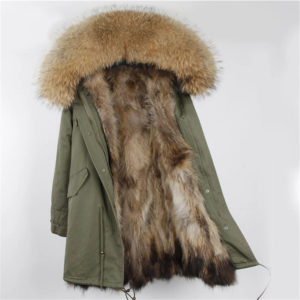Новая длинная армейская зеленая зимняя женская куртка Уличная мода Парка Воротник из натурального меха енота Пальто Мех