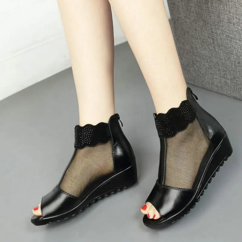

Bling Women mesh Sandals 2018 Summer Genuine Leather Breathable Black wedges Sandals Crystal Casual Flats peep toe Shoes LB-74