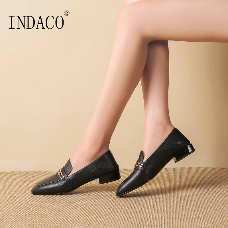 2019 Women Black Leather Flat Shoes Square Toe Fashion Loafers Slip On 2.5cm Big Size 34-42