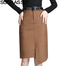 Новая Офисная Женская шерстяная Асимметричная юбка черная коричневая средней длины Асимметричная юбка S-3XL размера плюс осенне-зимняя женская юбка