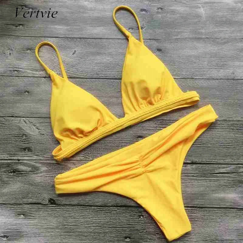 

Vertvie New Women Sexy Harness Solid Bikini Summer Beachwear Yellow Soft Breathable Quick Dry Low Waist Swim Bathing Suit Women