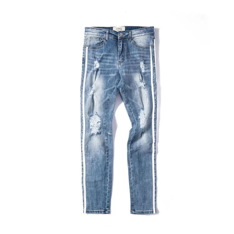 Модные мужские обтягивающие джинсы байкерские рваные потертые джинсовые рваные джинсовые штаны с боковой полосой узкие брюки в стиле хип-хоп Уличная одежда