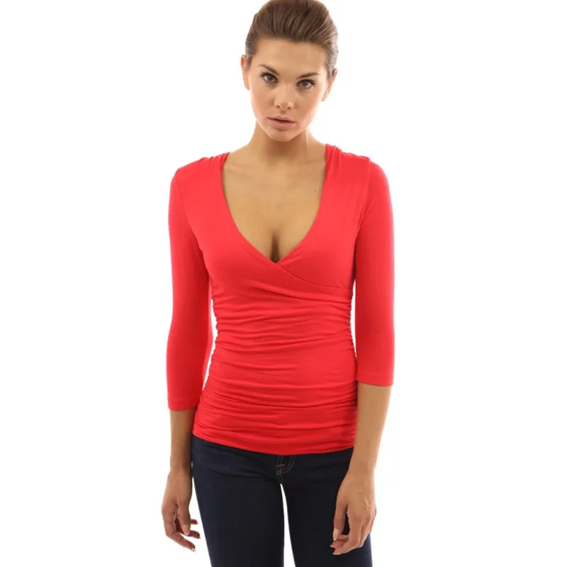 Autumn Korean Style T Shirt Women Sexy Deep V Neck Solid Color Three Quarter Sleeve Tops Blusa T-shirt Femme 4 Colors S-XL Autumn Korean Style T Shirt Women Sexy Deep V Neck Solid Color Three Quarter Sleeve Tops Blusa T-shirt Femme 4 Colors S-XL