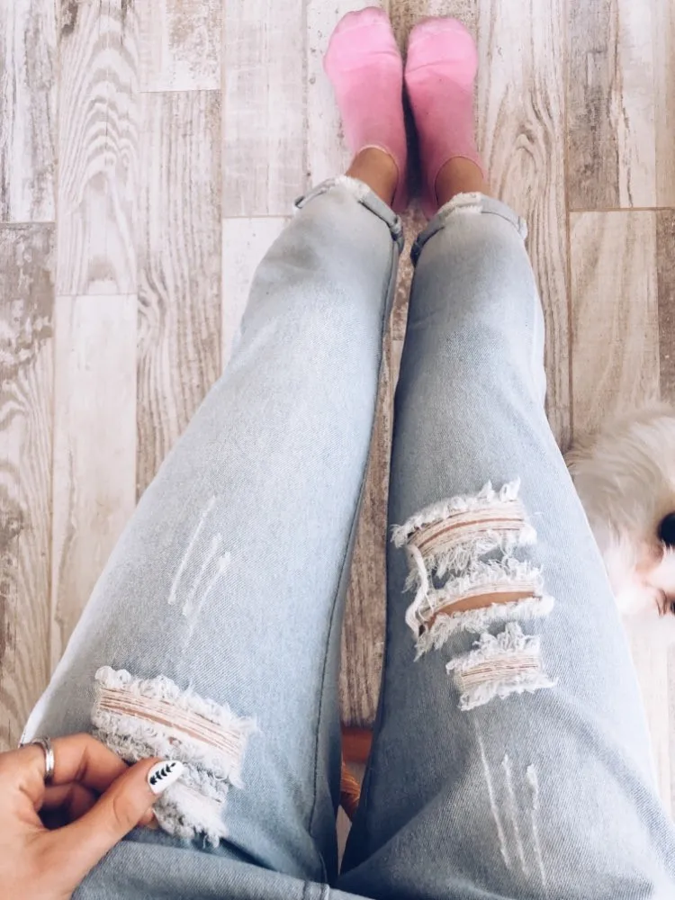 2018 summer large size female straight strap hole denim bibs female high waist Korean bib pants (15)