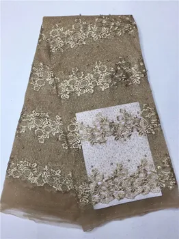 

Wholesale gold nigerian beaded lace fabrics 2018 high quality african french net lace fabric for wedding dress Gold Lake blue