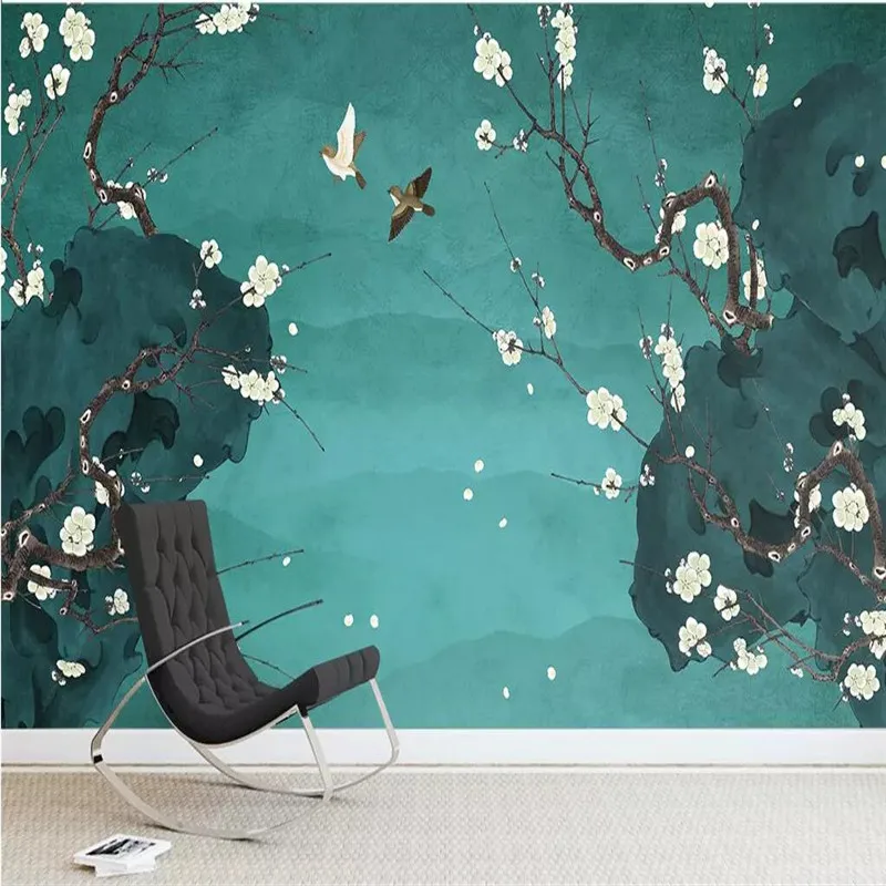 Hand-painted pear flower pen flower bird background wall custom high-grade mural factory wholesale wallpaper mural photo wall