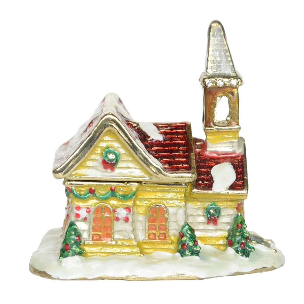 Christmas house bejeweled trinket jewelry box metal crafts Christmas