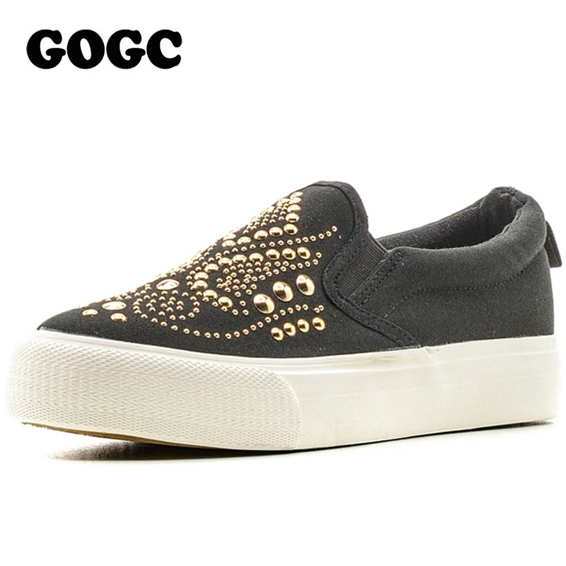 Baratos GOGC 2019 tachonado zapatos de mujer zapatos de lona zapatos de mujer zapatos casuales zapatos cómodos zapatos de fondo grueso Slip on Flats zapatos de mujer Slipony