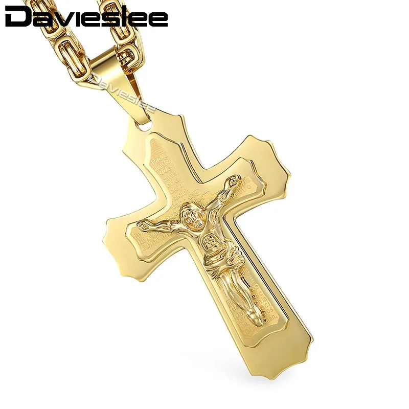 

Silver Gold 2-Layers Crystal Jesus Cross Pendant Necklaces for Men Heavy Link Box Byzantine Chain 316L Stainless Steel KPM141