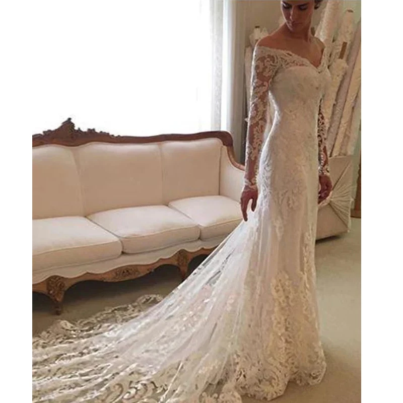 

V-neck Wedding Dresses 2019 Lace Sheath Column Long Sleeves Lace Off-the-Shoulder Court Train High Quality Wedding Gown