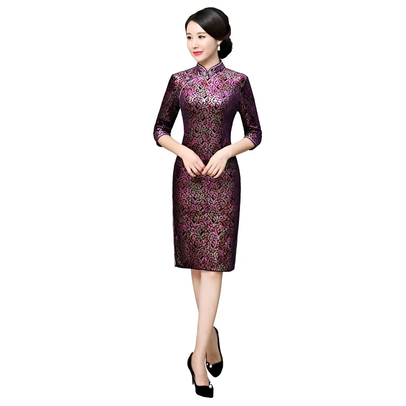 Shanghai Story осеннее женское платье с рукавом 3/4 винтажное фиолетовое Qipao бархатное китайское платье с разрезами по бокам и воротником-стойкой длиной до колена китайское традиционное платье - Цвет: Фиолетовый