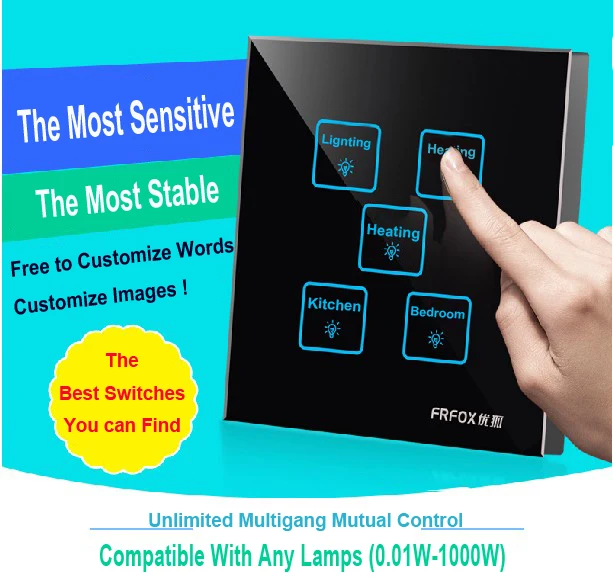 Hot Sales Led indicator 5 gangs 1 way Black wall touch lamp switches