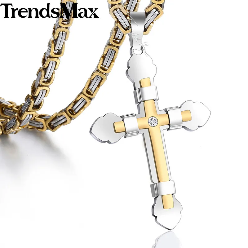 Mens Stainless Steel Cross Pendant Gold Silver Black Necklace Byzantine Chain 