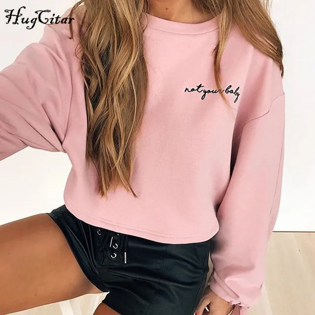 Hugcitar letters embroidery Sweatshirt 2017 autumn female Long Sleeve Women crop top pink white solid girl casual Pullover 2