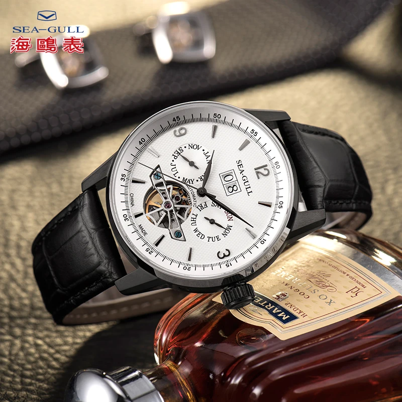 

SEA-GULL Business Watches Men's Mechanical Wristwatches Calendar Week 50m Waterproof Black Leather Buckle Male Watches 219.328