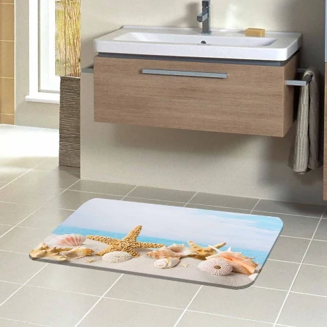 

Else Tropical Yellow Beach Sand on Sea Stars Shells 3d Pattern Print Bath Mats Anti Slip Soft Washable Bathroom Mat Toilet Rugs