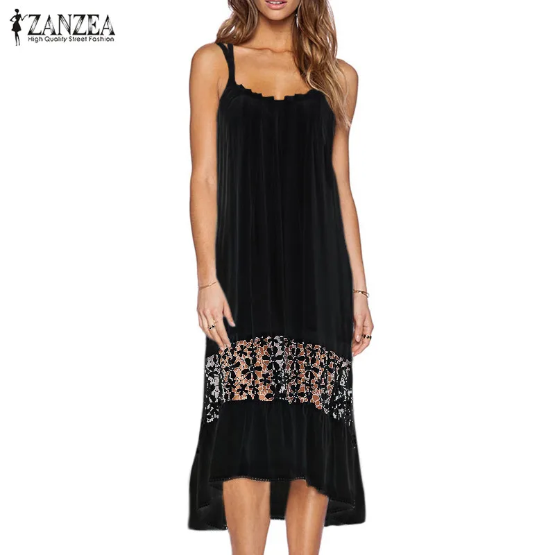 2017 Summer ZANZEA Women Casual Party Sexy Sleeveless Lace Crochet Slip DressHollow Out Boho Pleated Long