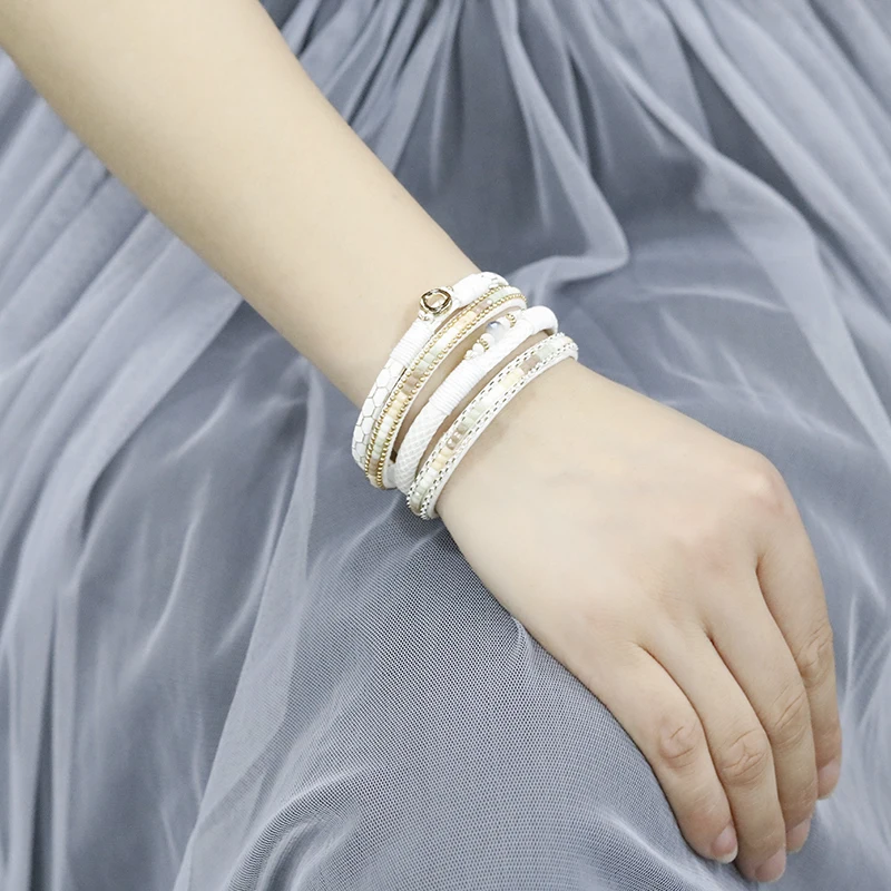 Amorcome White Leather Bracelets for Women Rhinestone Crystal Metal Charm Wide Multilayer Wrap Bracelets & Bangles Jewelry