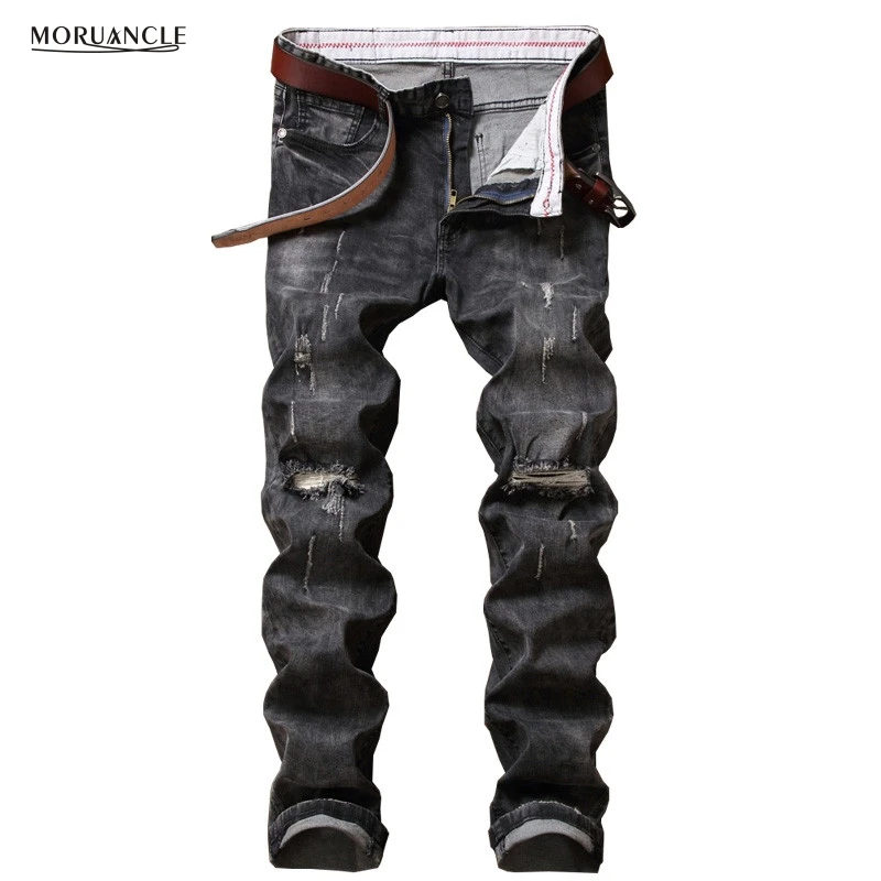 MORUANCLE Fashion font b Mens b font Ripped font b Jeans b font Patns Knee Holes