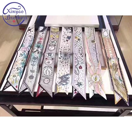 

New Design Silk Ribbon Constellation Print Women Silk Scarf Wholesale Handle Bag Ribbons Female Headband Long Scarves & Wraps