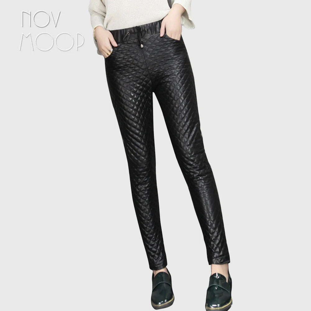 

Women black genuine leather real lambskin thick quilted slim pencil pants trousers elastic waist pantalon femme LT2552 FREE SHIP